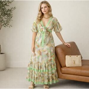 L'ATISTE BY AMY Tie Front Tiered Maxi Dress Green Tan Cream Sz S NWT $110 {KK33}